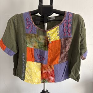 Vintage Magic Linen Cotton Patchwork Crop Top Embroidered Beaded Boho Size Large